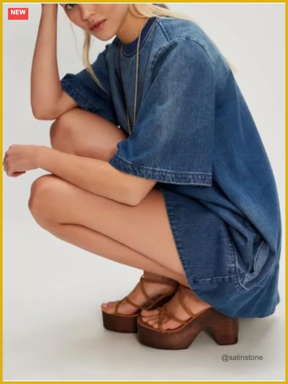 Short Sleeve Denim Dress Crew Neck Loose Fit Jean Mini Dress with Pockets - Picture 3 of 4